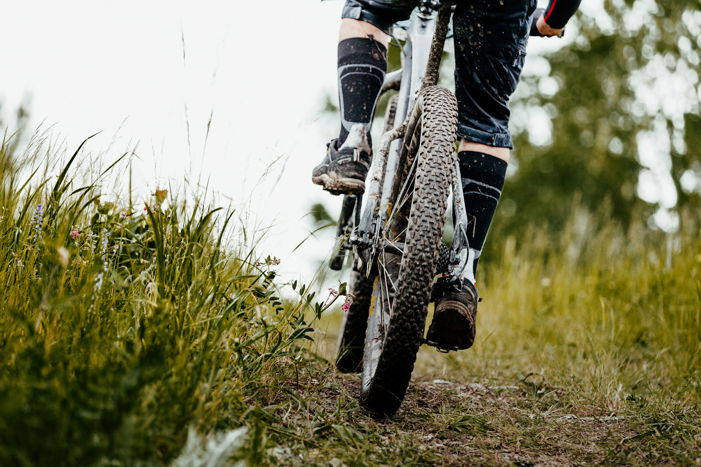 closeup mud mountain bike wheel and legs of cyclist
